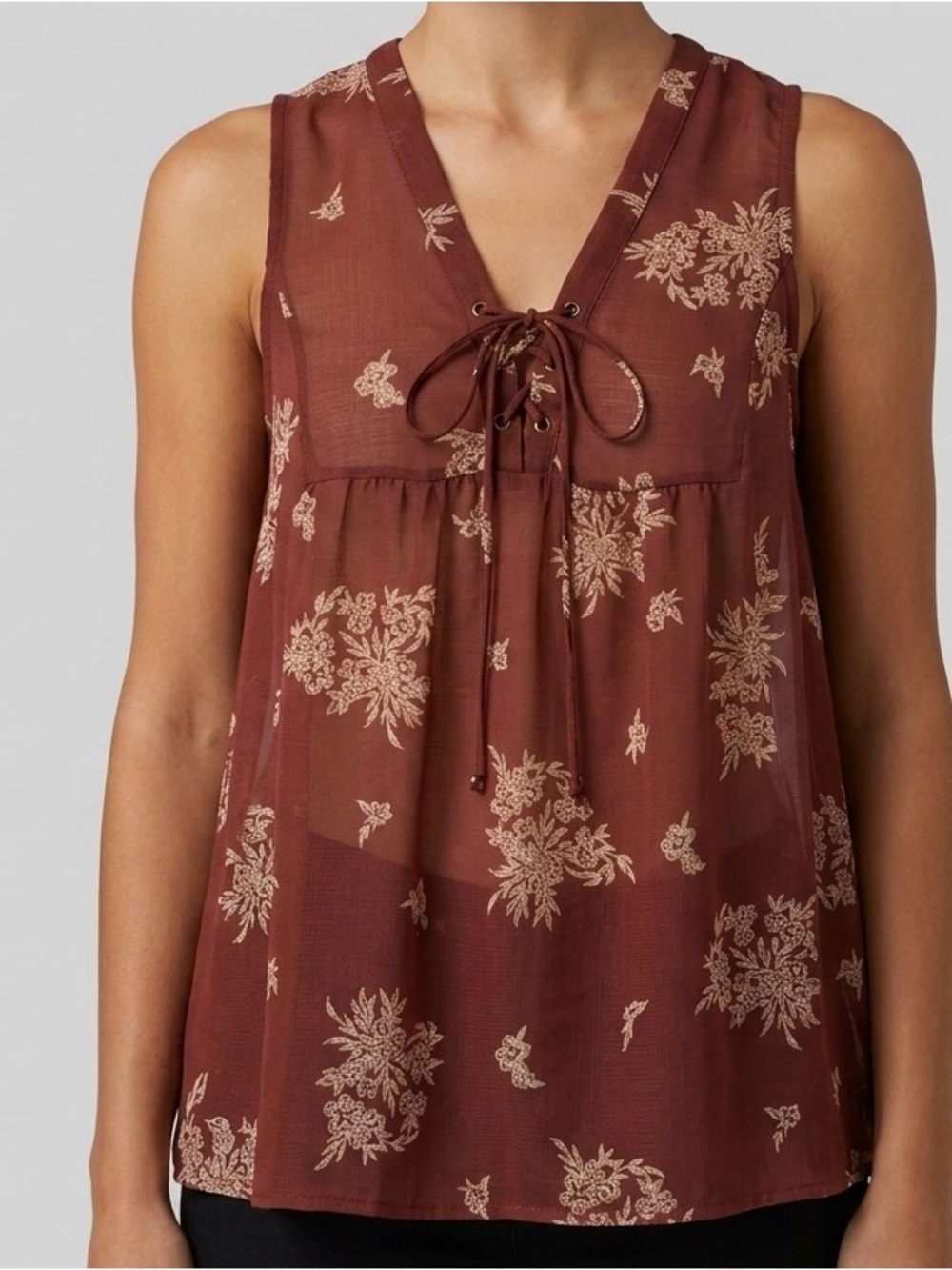 Lily White Burgundy Floral Lace-Up Sleeveless Boho Babydoll Tunic Top Small